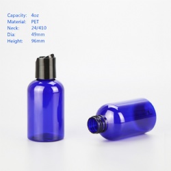 4oz 120ml blue PET boston round bottle with black disc cap